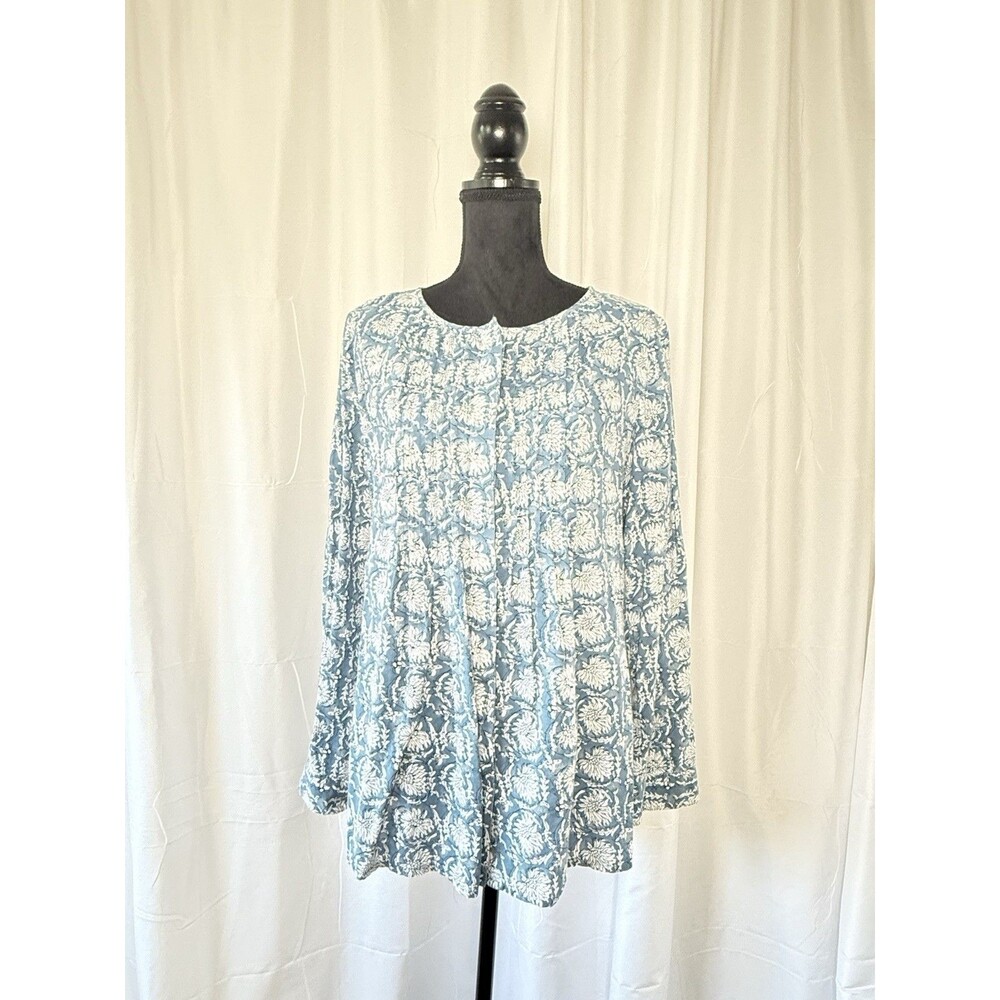 Old Navy Women's L Blue Floral Pleated Long Sleeve Button Down Tunic Boho Flowy - Picture 1 of 12